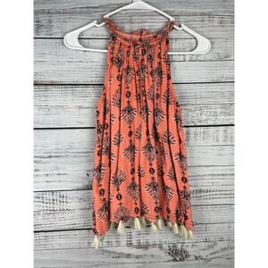 THML Pink High Neck Tank Top Small Floral Metallic Boho Tassels Festival Bright